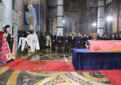 His Grace Bishop Jovan of Sumadija before the catafalque of late Prince Alexander