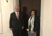 HRH Crown Prince Alexander and Mrs. Christina Oxenberg in front of the apartment 212 in Claridge’s hotel where HRH Crown Prince Alexander was born