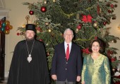 HRH Crown Prince Alexander, His Grace Bishop Antonije of Moravica and HRH Crown Princess Katherine at traditional Christmas reception at the White palace