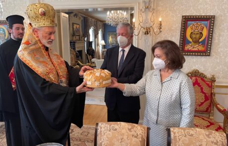 Crown Prince Alexander and Crown Princess Katherine with His Grace Bishop Irinej of Eastern America in New York