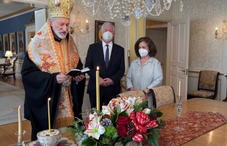 Crown Prince Alexander and Crown Princess Katherine with His Grace Bishop Irinej of Eastern America in New York