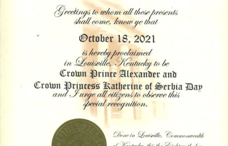 Proglas Grega E. Fišer a, gradonačelnika Luisvila u Кentakiju, kojim je 18. oktobar proglašen za Dan Prestolonaslednika Aleksandra i Princeze Кatarine