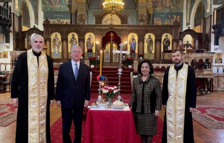 TRH Crown Prince Alexander and Crown Princess Katherine with Fathers Goran Spaic and Dragan Lazic in the Church of Saint Sava in London, Patron Saint Day of the Royal family