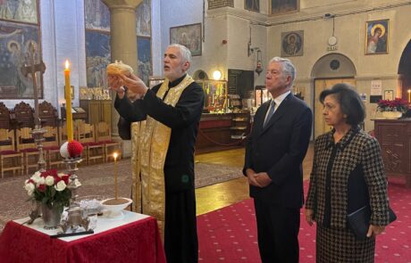TRH Crown Prince Alexander and Crown Princess Katherine with Fathers Goran Spaic and Dragan Lazic in the Church of Saint Sava in London, Patron Saint Day of the Royal family