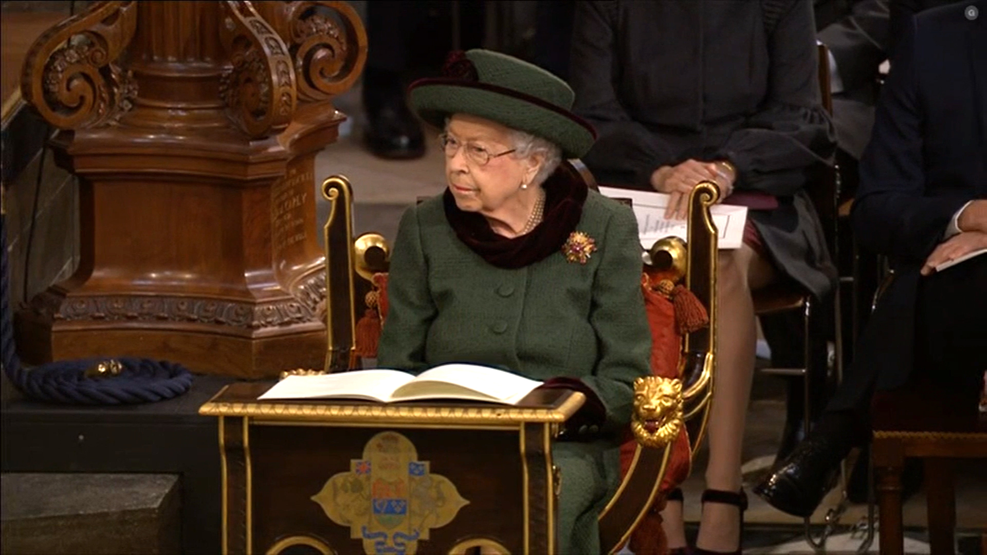 HM Queen Elizabeth II entering the Westminster Abbey, Thanksgiving Service for the late Duke of Edinburgh; Photo – BBC One (screenshot)