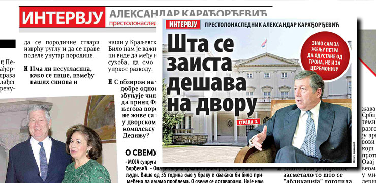 CROWN PRINCE FOR VECERNJE NOVOSTI: "THIS IS THE TRUTH ABOUT THE OCCURRENCES AT THE ROYAL PALACE"