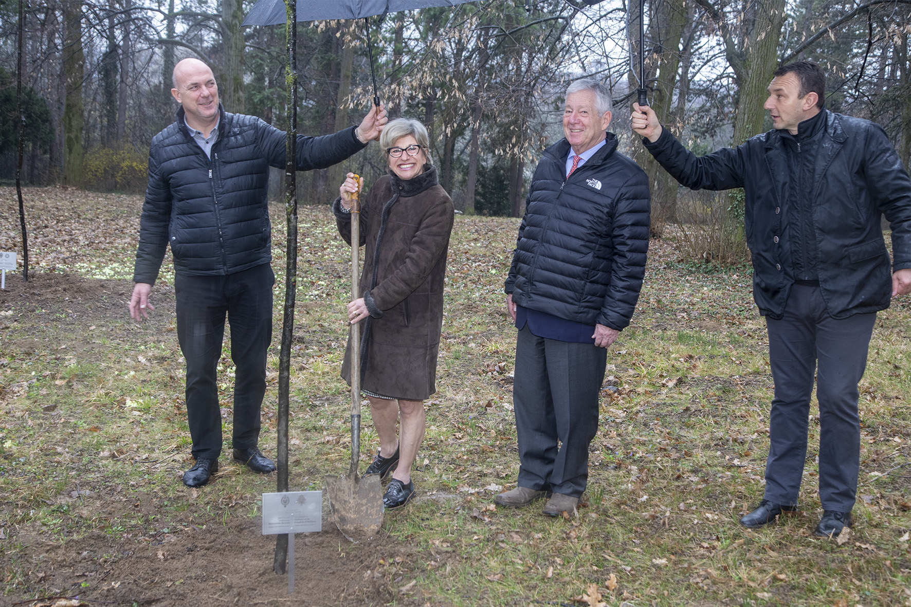 The Ambassador of the Kingdom of Belgium in Serbia, HE Mrs. Cathy Buggenhout, planting a tree at the Royal Compound